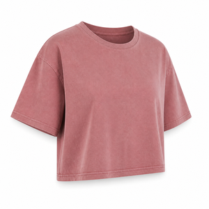 T-shirt court ample à col rond pour femme en jersey de coton enzymatique rose poudré, manches courtes, style décontracté - Product Image 1