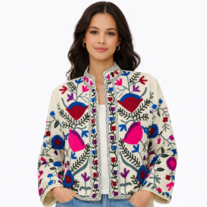 Floral Embroidered Velvet Cotton Bomber <b>Jacket</b> <b>Mandarin</b> <b>Collar</b> Full Sleeve Eco-Friendly Spring Boho Chic Style Women's Outerwear - Product Image 2