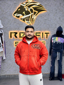 Sudadera con capucha roja desgastada con cremallera completa para hombre, estilo oversize, con estampado de leopardo y logo, estilo streetwear, de algodón y felpa. - Product Image 3