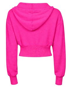 Sudadera con capucha corta rosa intenso para mujer, ajustada, de manga larga, de algodón y forro polar, estilo casual urbano, con logo personalizado, de fábrica ODM - Product Image 2