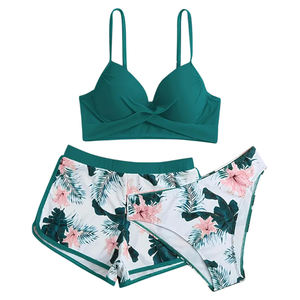 Ensemble de maillots de bain 3 pièces pour femmes, imprimé floral, haute élasticité, avec haut push-up, bas à dos croisé et jupe de plage, OEM ODM - Product Image 1