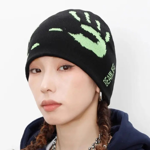 Black Green Handprint Beanie Hat Knit <b>Winter</b> <b>Cap</b> Streetwear Skull <b>Cap</b> Wholesale Trendy Knitted Beanies Custom Letter Patterns - Product Image 5