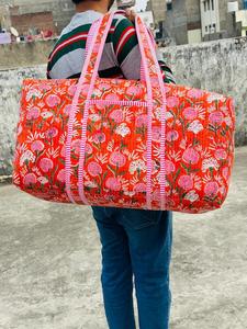 Handmade Floral Print Duffel <b>Bag</b> Blue Pink Cotton Quilted Weekender Travel <b>Bag</b> Large Capacity Zipper Closure - Product Image 2