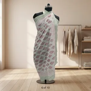 White Pink Floral Hand Block Printed Cotton <b>Sarong</b> Scarf with Mint Green Border Lightweight Beach Wrap Stole for Women - Product Image 2