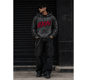 Custom Heavyweight Cotton Applique Embroidery Diamond studded Hoodie Men's Acid Washed Hoodies Zip up Rhinestones Hoodie Men - Product Image 3