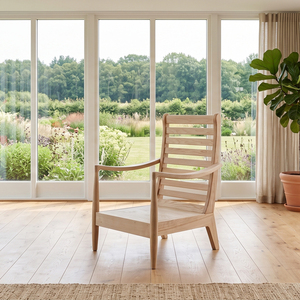 Fauteuil lounge moderne minimaliste en bois massif avec dossier à lattes et rembourrage en coton mousse, garantie 3 ans, pour salon et extérieur - Product Image 3