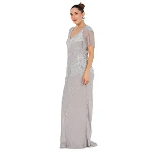 Robe de bal longue en perles argentées, col en V, manches courtes, effet illusion, moulante, pour soirée - Product Image 3