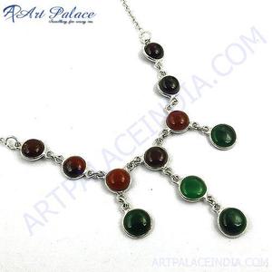 Collier Statement Art Palace en Argent 925 avec Pierres d'Onyx Vertes et Rouges Serties en Bezel, Design Ethnique pour un Usage Quotidien - Product Image 2