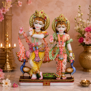 Statue de Radha Krishna en marbre avec paon |   Murti en marbre coloré Radha Krishna |   MALIYAS - Product Image 1