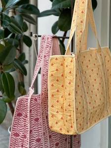 Export Quality Pink Floral Cotton Kantha Quilted Storage Tote Bag <b>Set</b> Women Shoulder Travel Carrying Handbag Lace Trim Tassel - Product Image 2