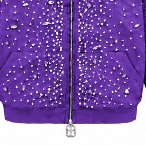 Sudadera con capucha violeta púrpura con cremallera completa y perlas, chaqueta de moda urbana con perlas incrustadas, sudadera con capucha de manga larga con bolsillos delanteros - Product Image 5