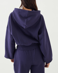 Custom Applique Embroidery Cotton Crop Tracksuit Regular Fit Winter <b>Women</b> Sportswear Warmth Drawstring Closure Hooded Sweatsuit - Product Image 3