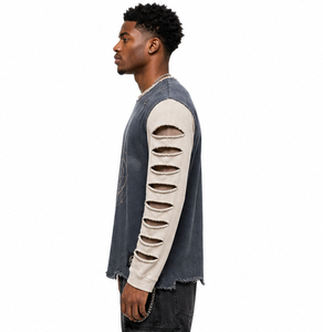 T-shirt à manches longues déchiré personnalisé, surdimensionné, effet usé, bicolore, streetwear, pour homme - Product Image 4