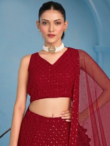 Vestido de Dama de Honor Rojo de Georgette con Lentejuelas Resham Bordadas, Traje de Fiesta de Boda para Mujer - Product Image 3