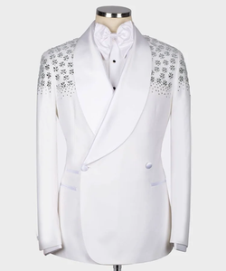 <b>Men</b>’s <b>White</b> Embellished Tuxedo Blazer with Floral Crystal Detailing – Designer Shawl Lapel Wedding Suit <b>Jacket</b> - Product Image 1