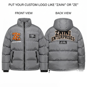 <b>Mens</b> 320 GSM Polyester Grey Quilted Puffer Jacket Custom Chenille Embroidery Logo Warm Winter <b>Coat</b> - Product Image 1