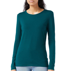 Camiseta de Manga Larga para Mujer, Primavera-Verano, Corte Ajustado, Informal, 100% Algodón Jersey, Transpirable, Cuello Redondo, Color Liso - Product Image 1