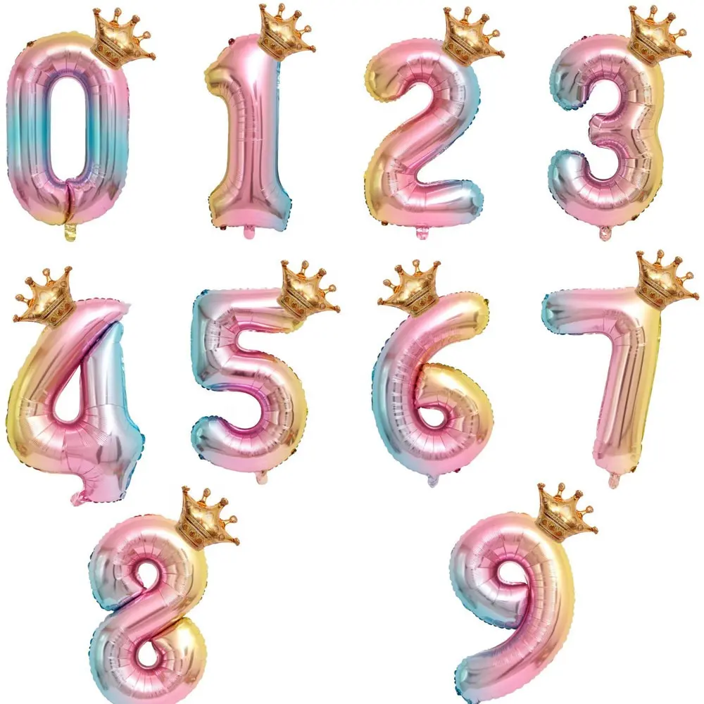 Palloncino con numero di latta in lamina di elio con corona di colore sfumato arcobaleno da 32 pollici con corona per la decorazione della festa di compleanno dei bambini della principessa