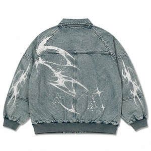 <b>Custom</b> Blue <b>Denim</b> Acid Wash <b>Jacket</b> With Abstract White Print And Chest Flap Pockets Ribbed Cuffs And Zip Closure For Unisex Wear - Product Image 2