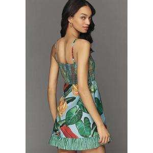 Robe courte smockée en coton, robe courte ample en coton et lin, robes courtes d'été décontractées à manches courtes et imprimé floral pour filles - Product Image 4