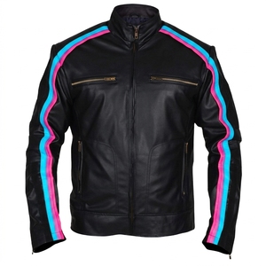 Men's Black PU Leather <b>Waterproof</b> Windproof Breathable Moto <b>Jacket</b> Orange <b>Red</b> Stripe Zipper Front Stand Collar Regular Fit - Product Image 5