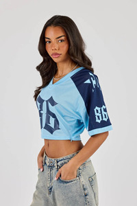 <b>Top</b> Selling Custom Logo Light Blue Varsity T-Shirt With Navy Sleeve Panelling Midweight <b>Mesh</b> Fabric V-Neck T Shirts For <b>Women</b> - Product Image 4