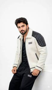 ONETEN APPAREL <b>Men</b> Streetwear Color Block Fleece Zip-Up Quilted Leather <b>Jacket</b> with Turn-Down Collar Winter OEM Service - Product Image 5
