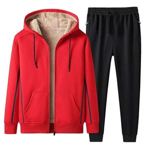 Survêtement à capuche rouge pour homme, doublé polaire, fermeture éclair intégrale, vêtements d'hiver décontractés avec poches latérales, coupe régulière, polyester et coton, couleur unie - Product Image 1