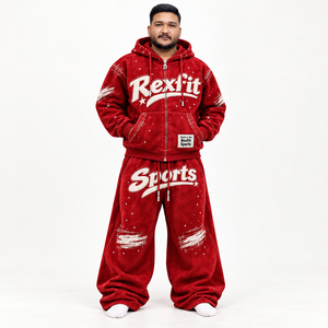 Ensemble sweat à capuche et pantalon de survêtement thermique en polaire rouge pour homme RexFit, imprimé lettres, fermeture éclair sur le devant, tenue décontractée d'automne - Product Image 3