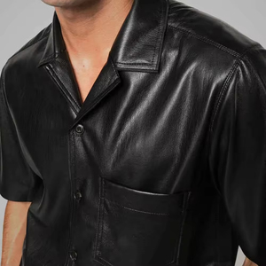 Custom <b>Men</b>’s PU Leather Jacket Black Short Sleeve Button Down OEM Wholesale Supplier - Product Image 4