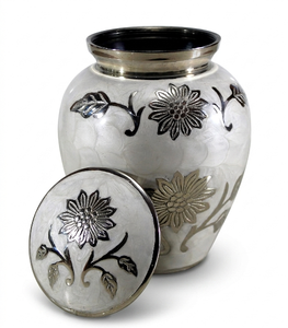 Elegante Urna Funeraria Blanca de Aluminio Mate con Arte Floral Art Deco, Urna de Cremación Hecha a Mano con Girasol Plateado para Cenizas de Adultos, para Mesa - Product Image 2