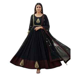Robe de soirée noire magnifique pour femme, avec dupatta lourd, longue, en soie, style indien et pakistanais, pour adultes - Product Image 1