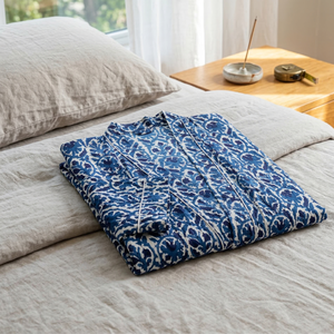 Robe kimono en coton bleu et blanc à fleurs pour femme, coupe ample, vêtement de détente, peignoir, col en V, ceinture, tenue décontractée d'été - Product Image 3