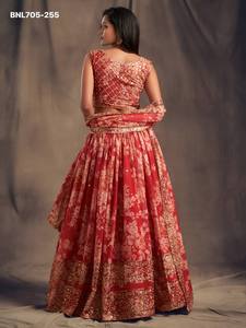 High Quality Organza with Floral Print-<b>Sequin</b>-Zari Embroidered Flared <b>Red</b> Lehenga-Choli Set Woman Fashion Manufacturer - Product Image 3