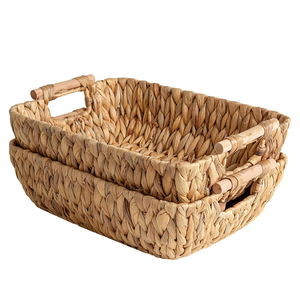Rectangular Water Hyacinth Storage <b>Basket</b> Set Nesting Woven <b>Shelf</b> Bins With Wooden Handles High Quality Home Organizer Bulk - Product Image 3