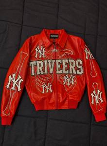 Women’s <b>Red</b> Studded Leather Bomber <b>Jacket</b> Custom Logo Embroidered Streetwear Regular Fit Varsity Biker <b>Jacket</b> OEM ODM - Product Image 4