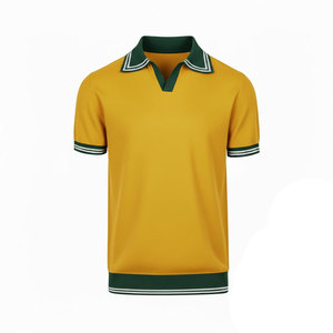 Chemise à manches courtes en coton tricoté anti-boulochage pour homme, couleur unie, coupe décontractée, col et poignets à bordure verte - Product Image 1