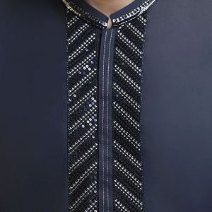 Navy Blue Embroidered Shalwar Kameez Elite Cotton Decorative Placket Fine Stitch Premium <b>Pakistani</b> Shalwar Kameez - Product Image 4