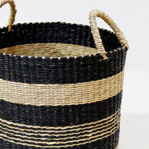 Handwoven Seagrass Eco-Friendly <b>Rustic</b> Style Storage Baskets Set of 3 Black Natural Striped Clothing Organizer for Living Room - Product Image 5