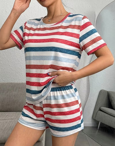 Women 2 Piece Striped Shorts Set Short Sleeve Crew Neck Loose Fit Casual Spring Summer Wear 100% Cotton Knitted Breathable - Product Image 4