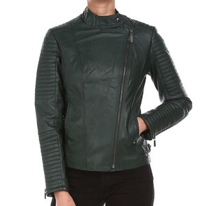 Veste Moto Femme en Peau de Mouton Tricotée Verte Vintage Respirante Épaisse Manches Longues Col Montant Fermeture Éclair Couleur Unie Hiver - Product Image 5