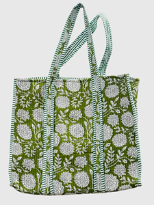 <b>Green</b> Floral Panelled Cotton Tote <b>Bag</b> Bohemian Style Open Closure Women's Shopping <b>Bag</b> All Seasons - Product Image 1