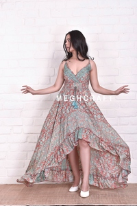 Elegant Bohemian Spaghetti Style Silk High Low Maxi <b>Dress</b> for Women Floral Printed Summer <b>Dress</b> for Casual Party Bulk Export - Product Image 5