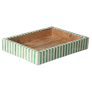 Plateau rectangulaire en incrustation d'os jaune et blanc fait à la main Vintage service en bois maison cuisine Table décoration rayure Design plateau - Product Image 2