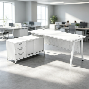 Bureau de travail moderne blanc avec armoire de rangement, design rectangulaire autoportant pour bureau à domicile et usage commercial - Product Image 2