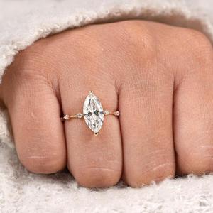 Solid Yellow Gold Marquise Cut Diamond <b>Ring</b> East West Prong Setting Simple Thin Band Modern Style <b>Plain</b> Solitaire Jewelry Gift - Product Image 4