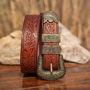 High Finish Brown Floral Engraved <b>Men's</b> Fashion Western <b>Leather</b> Tooling <b>Belt</b> with Designer Brass Buckle Double Keeper and Loop - Product Image 2