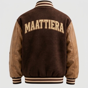 Maattiera Men's <b>Jacket</b> <b>Brown</b> Fleece <b>Leather</b> Sleeves Embroidered Letter Back Vintage Style Autumn Wear - Product Image 1