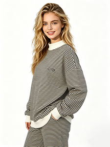 Womens Mock Neck Sweatshirt Slouchy Drop Shoulder Black White Striped Pullover Fleece Twin Set - Product Image 4