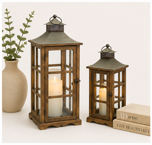<b>Set</b> of 2 Rustic Wooden Decorative <b>Lanterns</b> with Metal Top Vintage Distressed Brown Wood Candle Holders for Indoor Home Decor - Product Image 5